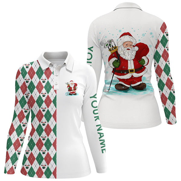 Funny Santa golfer Womens golf polo shirt custom Christmas golf ball pattern, Christmas golf gifts NQS6840