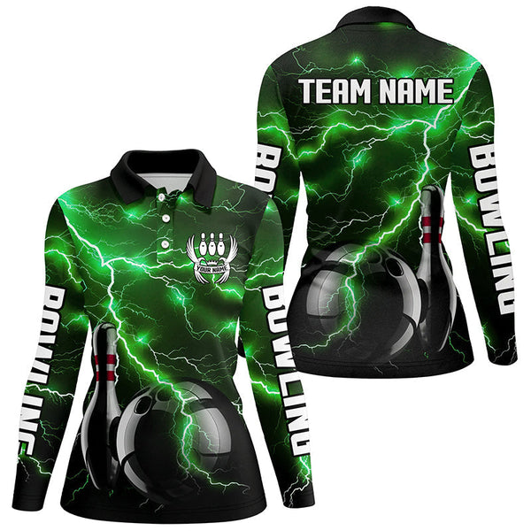 Green Lightning Thunder Black Women Bowling Polo, Quarter zip Shirt custom storm bowling team jerseys NQS8457