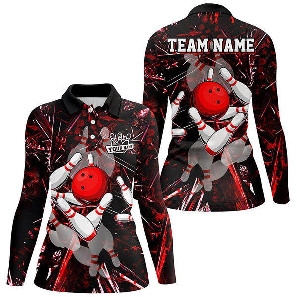 Red Camo Bowling Polo, Quarter zip Shirt For Women custom bowling team jerseys, bowling league shirts NQS8463