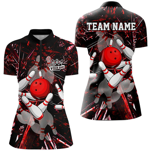 Red Camo Bowling Polo, Quarter zip Shirt For Women custom bowling team jerseys, bowling league shirts NQS8463