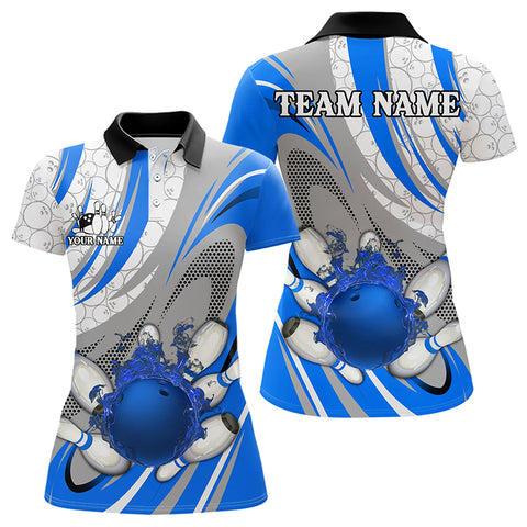 White and Blue Flame Camo Bowling Polo, Quarter Zip Shirt for Women Custom Bowling Team Jersey NQS9167