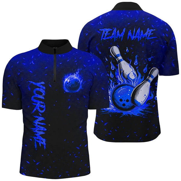 Blue Flame Bowling Jerseys For Men Custom Bowling Polo, Quarter-Zip Shirt for Team, Gift for Bowler NQS8467