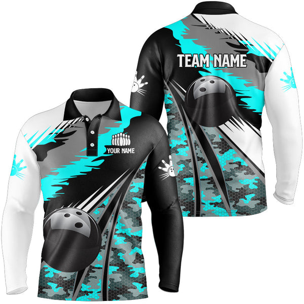 Mens bowling shirts Custom black ball Cyan Blue camo Bowling Team Jerseys, gift for Bowler NQS8713