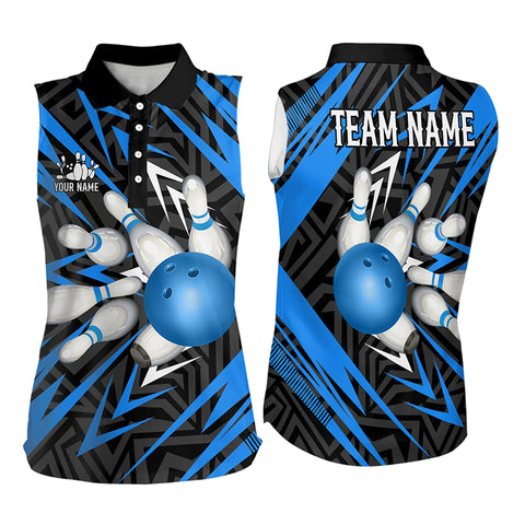 Black and Blue Camo Bowling Sleeveless Polo Shirt for Women Custom Team bowling jersey Bowler Outfit NQS9177