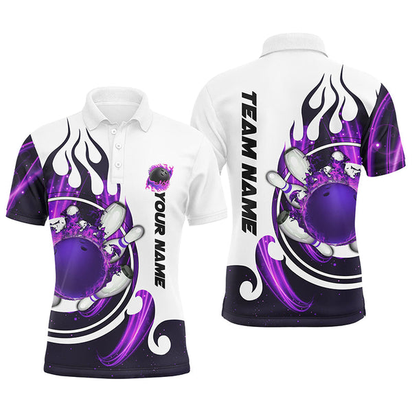 White Mens bowling shirts Custom purple flame bowling ball and pins Jerseys polo, quarter zip shirts NQS7634
