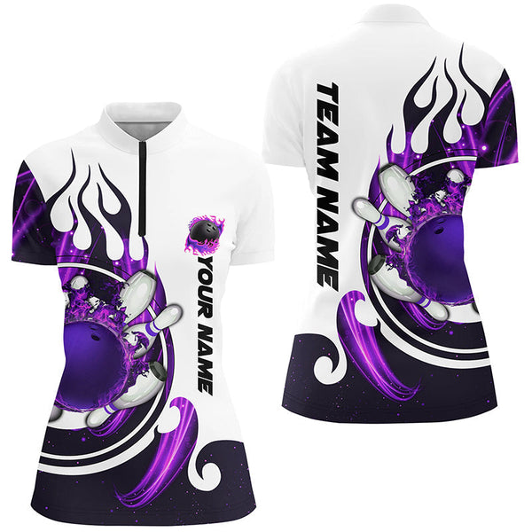 White Womens bowling shirts Custom purple flame bowling ball and pins Jerseys polo, quarter zip shirts NQS7634