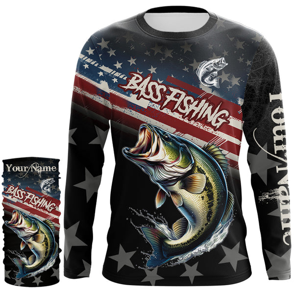 Largemouth Bass Fishing American Flag Custom black camo patriotic fishing long sleeve shirts NQS8736