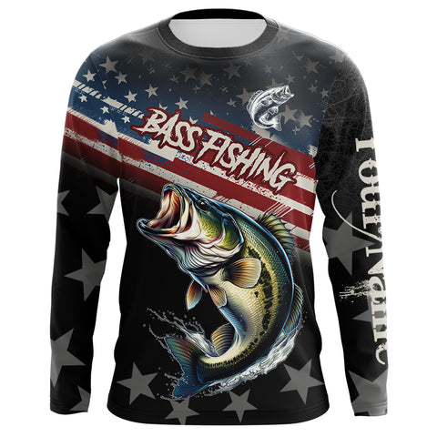 Largemouth Bass Fishing American Flag Custom black camo patriotic fishing long sleeve shirts NQS8736