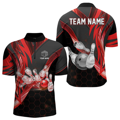 Black and Red Light Hexagon pattern Bowling Polo, Quarter Zip Shirt for Men Custom Team Bowling Jersey NQS9190