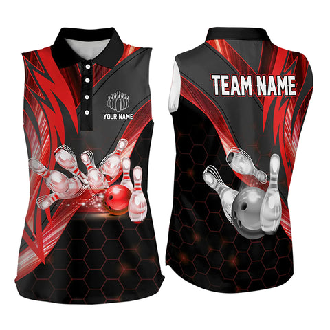 Black and Red Light Hexagon pattern Bowling Sleeveless Polo Shirt for Women Custom Team Bowling Jersey NQS9190