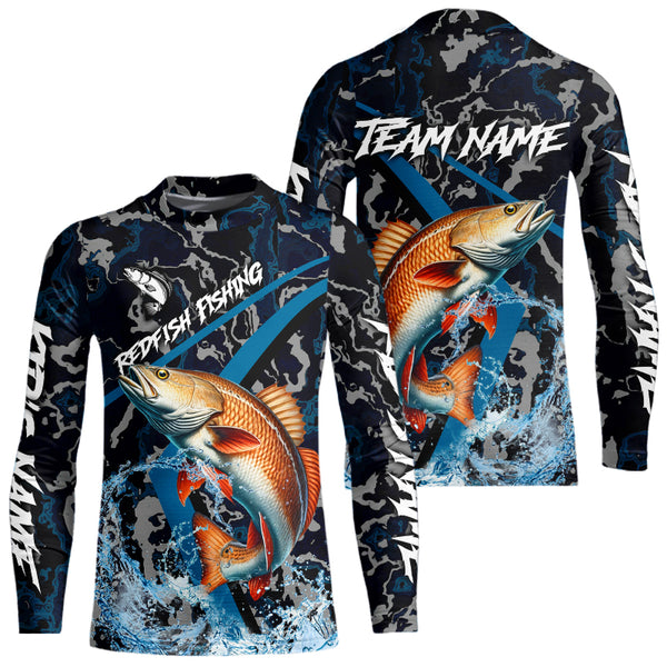 Custom Redfish Fishing Camo Long Sleeve Fishing Shirts, Personalized Red Drum Fishing Team Jerseys NQS9703