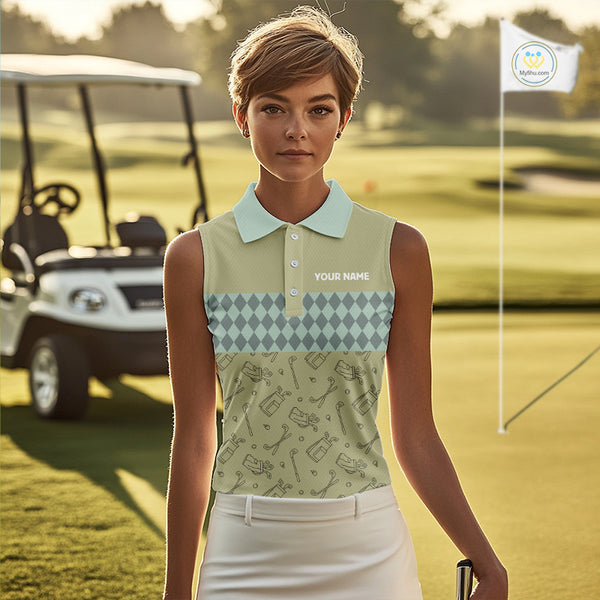 Olive Green Golf Camo argyle pattern Women sleeveless golf polo shirts custom best ladies golf wear NQS9973