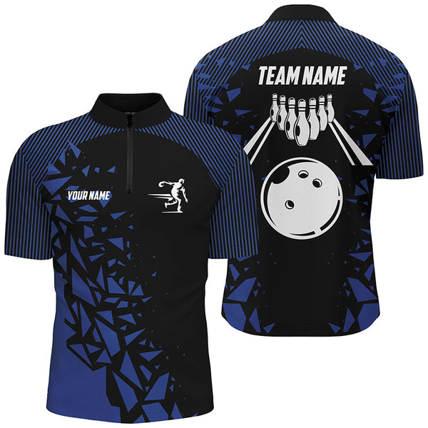 Black And Blue pattern Bowling Polo, 1/4 Quarter Zip Shirts For Men, Custom Name Bowling Team Jerseys NQS7845
