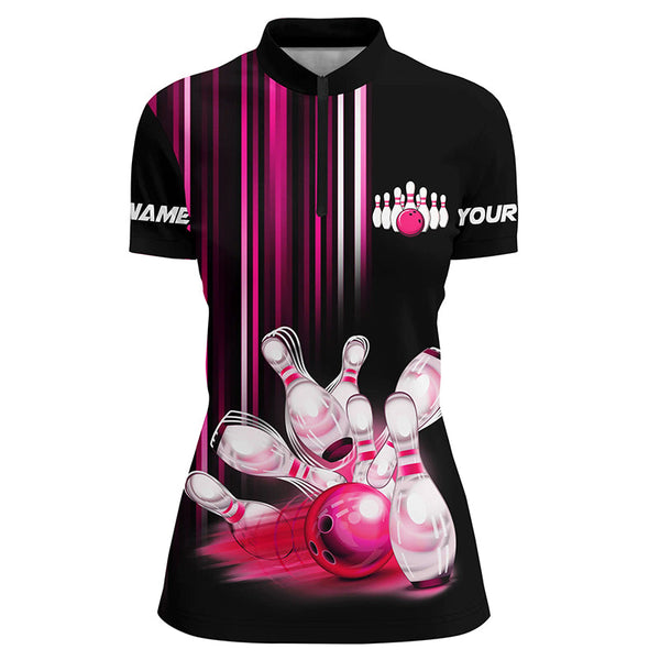 Black and pink light Women bowling Polo, Quarter Zip Shirt Custom bowling ball and pins Team jerseys NQS8067