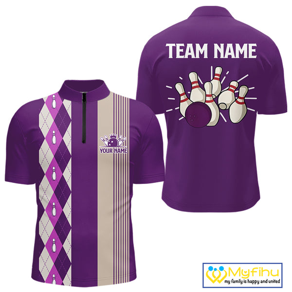 Retro Purple argyle pattern Bowling shirts For Men custom bowling team jerseys Bowler Outfits NQS10275