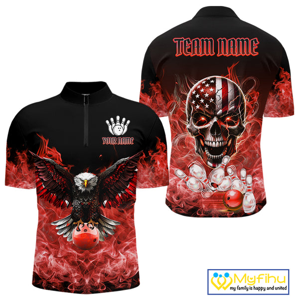 Red Flame Smoke American Flag Eagle Skull Mens Bowling Shirts Custom Patriotic Bowling Team Jersey NQS10279