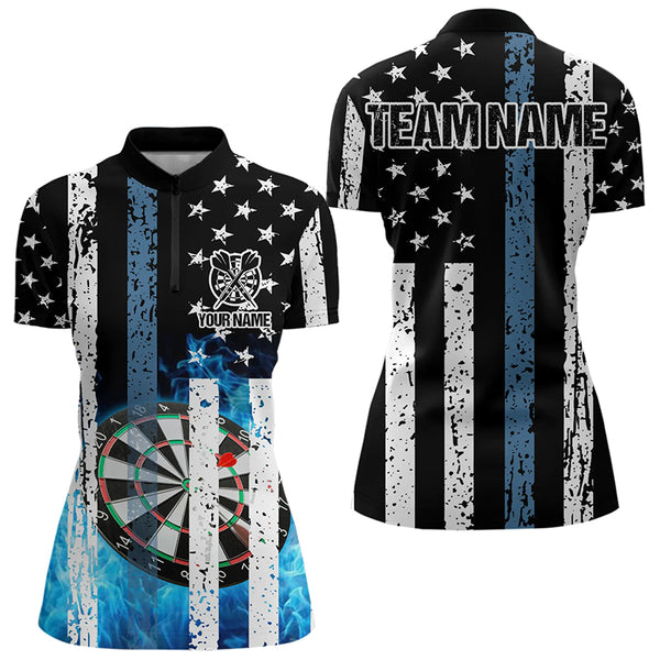 Blue Flame Dart Board Black and White American Flag Custom Team Dart Polo, Quarter Zip Shirt For Women NQS9201