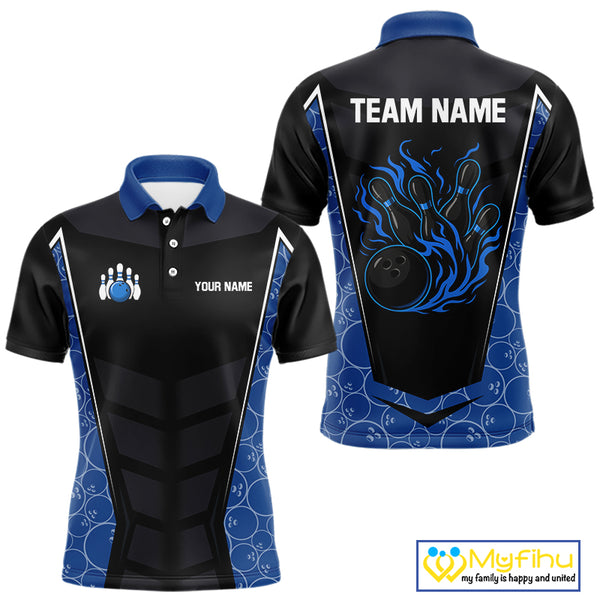 Black and Blue Camo Flame Mens Bowling Polo, quarter zip shirts Custom team bowling league jersey NQS10150