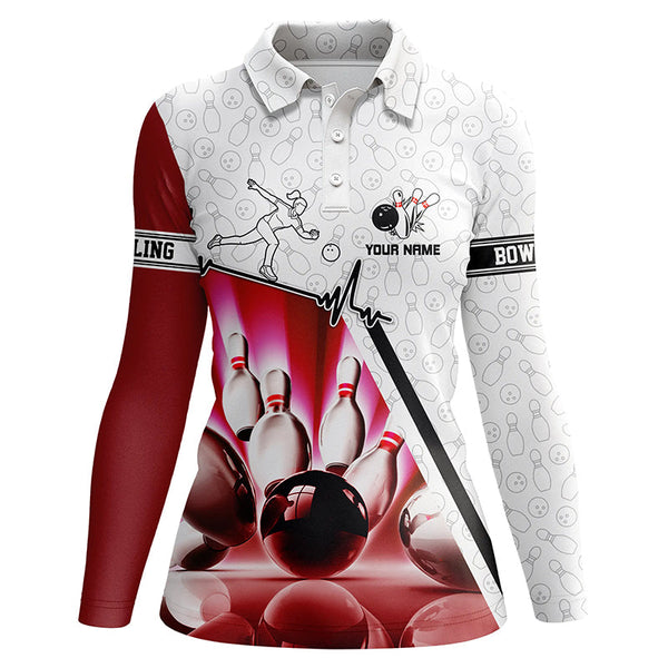 Personalized camo Bowling polo Shirts For Women, Bowling Ball pins Custom bowling Team Shirt | Pink NQS5970