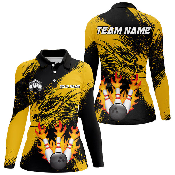 Black And Gold Custom Flame Dragon Bowling Shirts For Women, Dragon Retro Bowling Team Shirts NQS8505