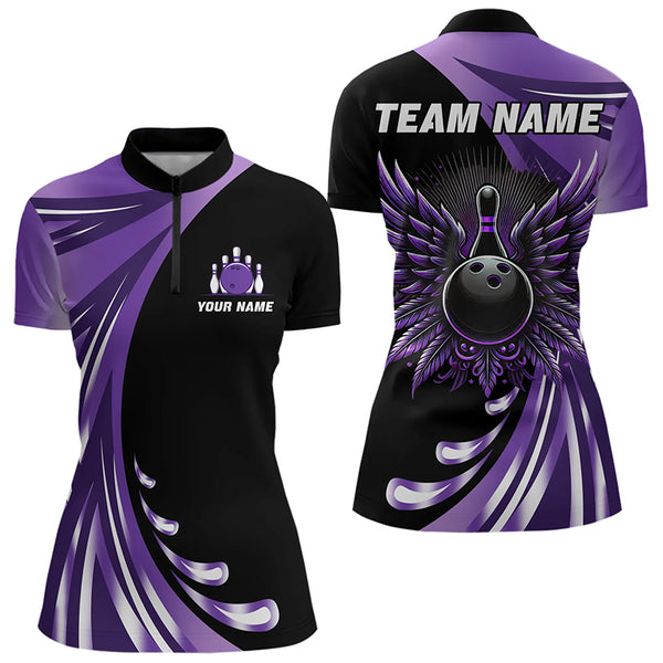 Black and Purple Bowling Ball and Pins wings Bowling Shirts for Women Custom Team Bowling Jerseys NQS9209