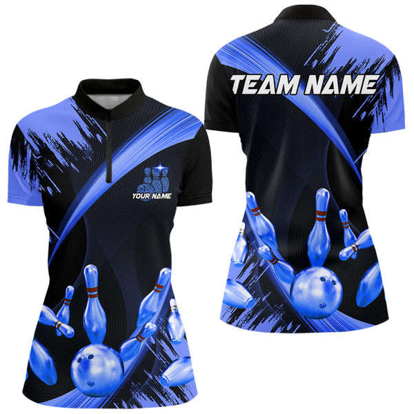Personalized Black and Blue Bowling Polo, Quarter Zip Shirts For Women Custom Bowling Team Jersey NQS9723