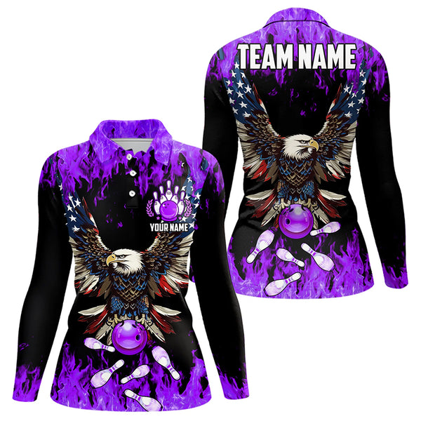 Purple flame Women bowling shirts Custom American flag Eagle Team bowling shirts, gift for bowlers NQS9215