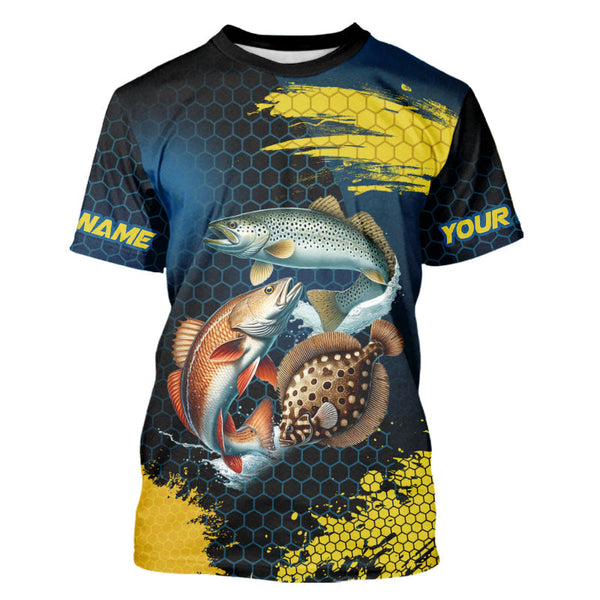 Blue and Yellow Camo Redfish, Speckled Trout, Flounder Texas slam fishing custom fishing jerseys NQS9219