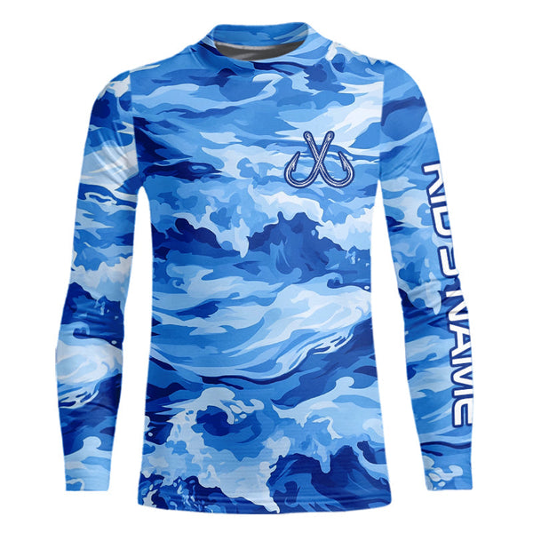 Blue Sea Wave Camo Fish hook custom name long sleeve fishing shirt, camo fishing jerseys NQS9220