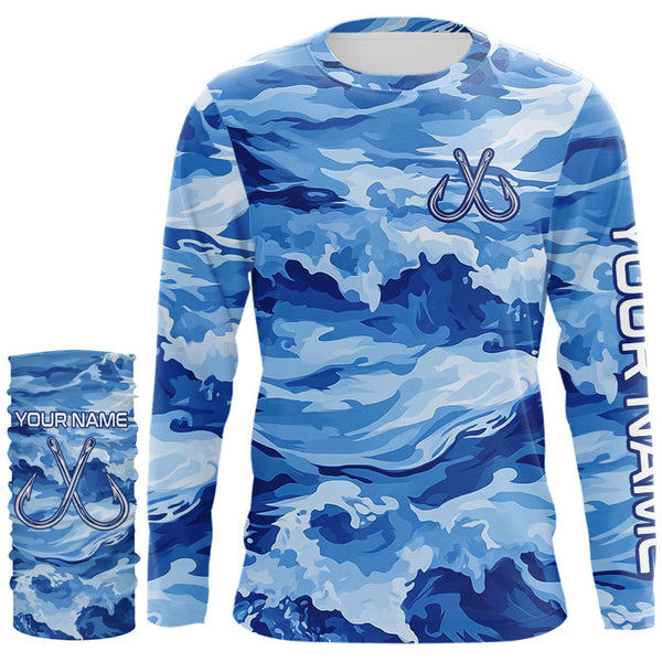 Blue Sea Wave Camo Fish hook custom name long sleeve fishing shirt, camo fishing jerseys NQS9220