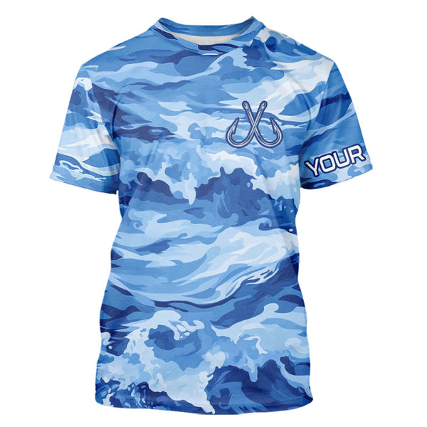 Blue Sea Wave Camo Fish hook custom name long sleeve fishing shirt, camo fishing jerseys NQS9220