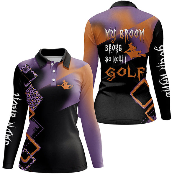 Funny black leopard Halloween golf shirt custom women golf polo shirt My broom broke so now I golf NQS6170