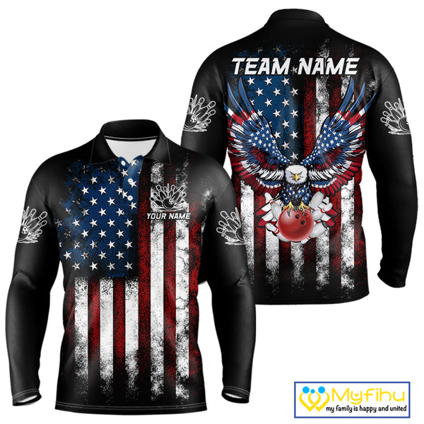 Vintage American Flag Eagle Black Bowling Shirts for Men Custom Patriotic Team Bowling Jerseys NQS10501