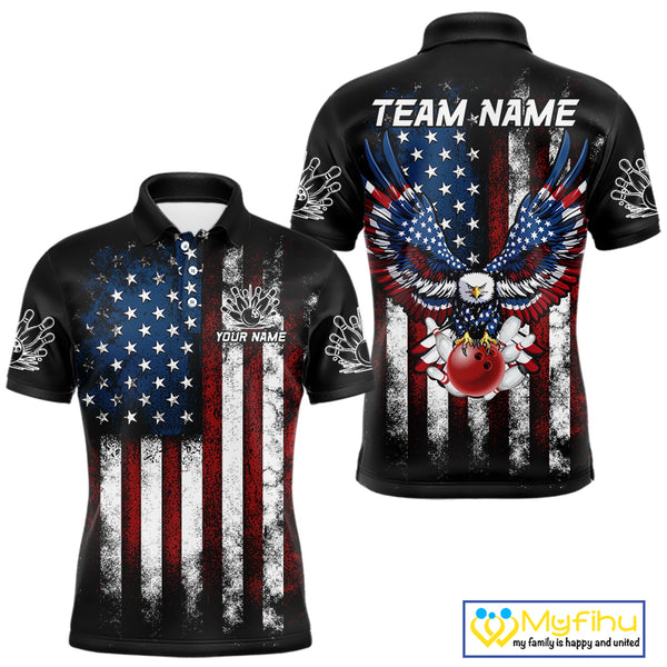 Vintage American Flag Eagle Black Bowling Shirts for Men Custom Patriotic Team Bowling Jerseys NQS10501