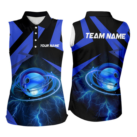 Black & Blue Lightning Thunder Bowling Ball Bowling Sleeveless Polo custom Team Bowling League Jersey NQS8754