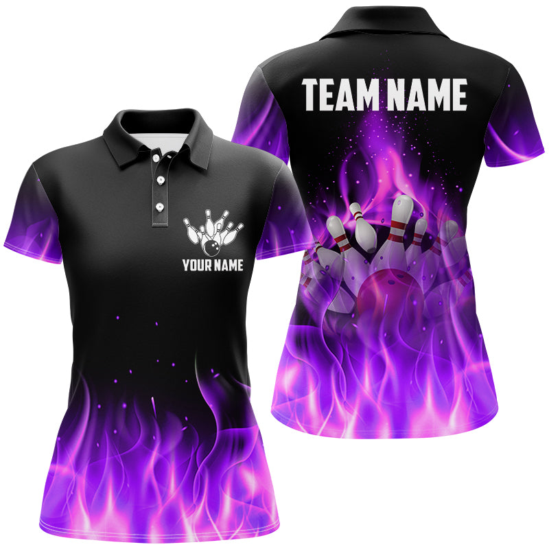 Personalized Women Bowling Shirt purple flame Bowling Ball Pins Team bowling jerseys for Bowler NQS8989