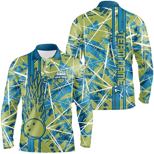 Green flame bowling ball camo custom Men Bowling Polo Shirts, team bowling jerseys gift for bowler NQS7508