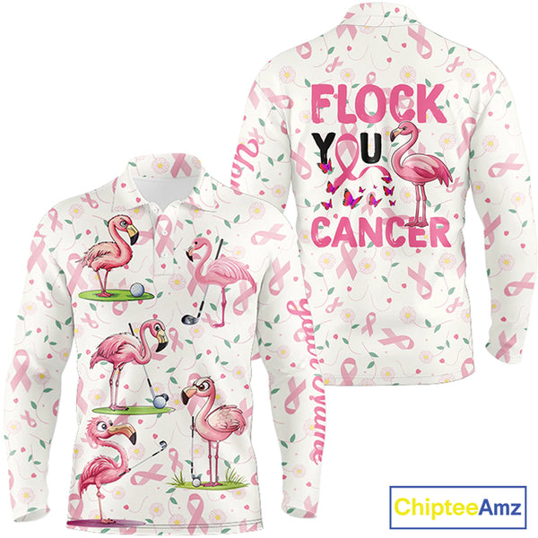 Funny Mens golf polo shirt custom pink ribbons breast cancer flamingo golf shirts flock you cancer NQS8507
