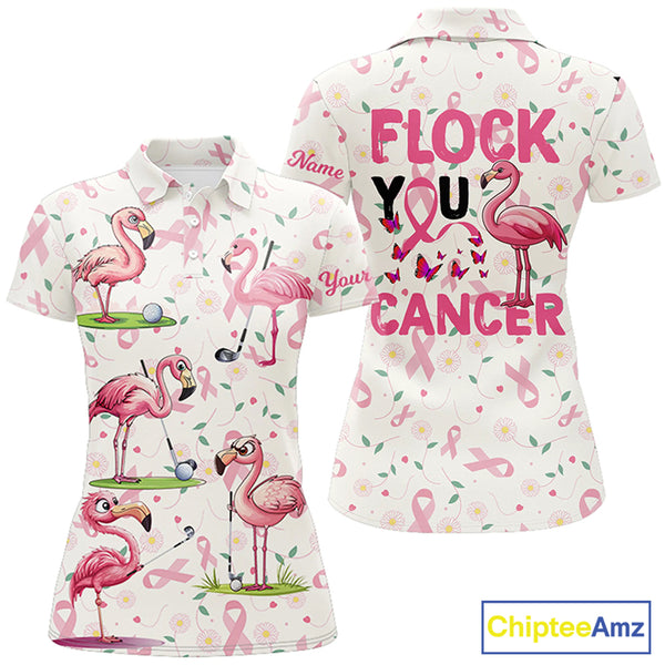 Funny Womens golf polo shirts custom pink ribbons breast cancer flamingo golf shirts flock you cancer NQS8507