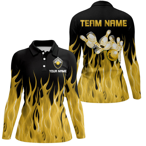 Personalized Women Polo, 1/4 Zip Bowling Shirt Yellow Flame Bowling Ball Pin bowling jersey for Bowler NQS8517