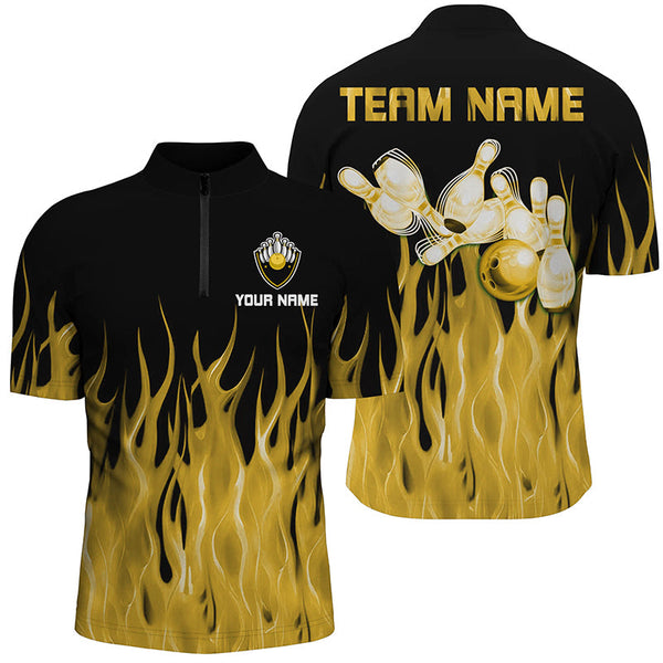 Personalized Men Polo, 1/4 Zip Bowling Shirt Yellow Flame Bowling Ball Pins bowling jersey for Bowler NQS8517