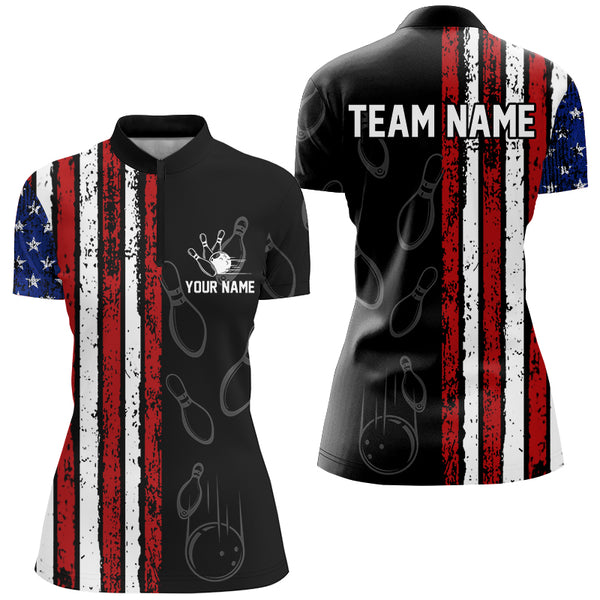 Black Camo American Flag Bowling Polo, 1/4 Zip shirts for Women custom Patriotic Team Bowling Jerseys NQS8760