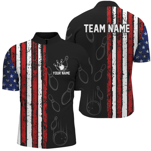 Black Camo American Flag Bowling Polo, 1/4 Zip shirts for Men custom Patriotic Team Bowling Jerseys NQS8760