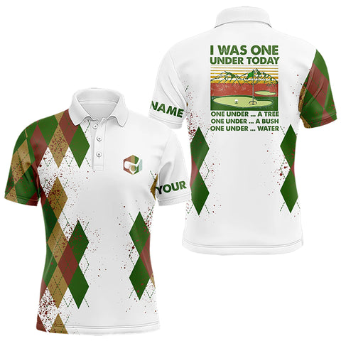 Funny Mens golf polo shirts custom I was one under today, one under a tree, bush and water | Green NQS9223