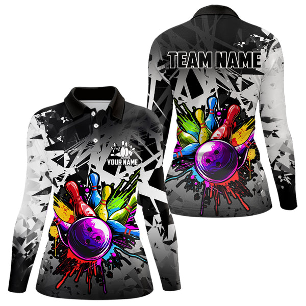 Colorful bowling jersey Polo, 1/4 Zip Shirt for Women Custom Bowling Team shirts for bowler| White NQS9729