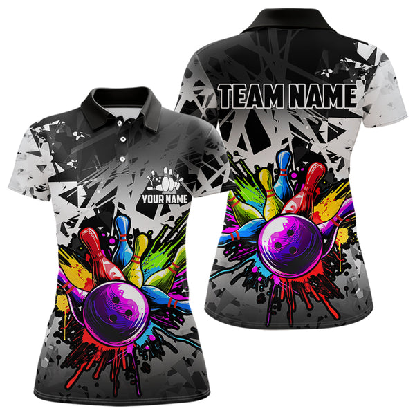Colorful bowling jersey Polo, 1/4 Zip Shirt for Women Custom Bowling Team shirts for bowler| White NQS9729