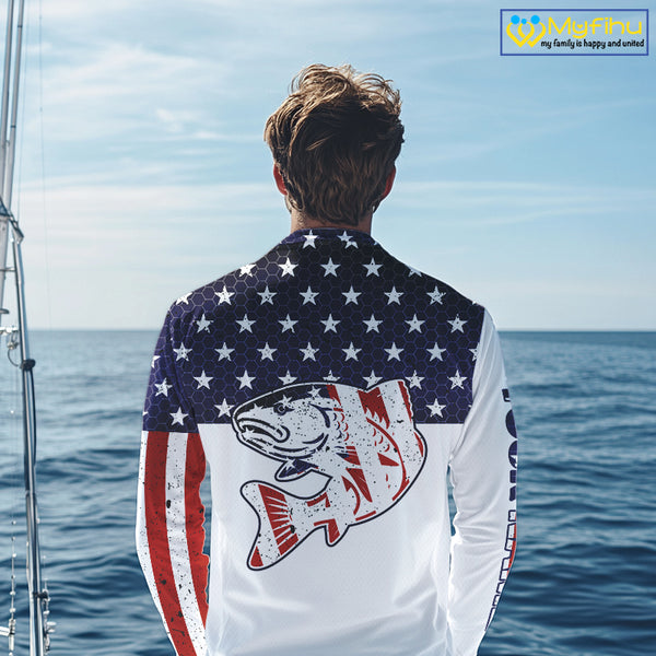 Red, White and Blue American Flag Redfish Fishing custom patriotic Redfish performance fishing shirts NQS10002