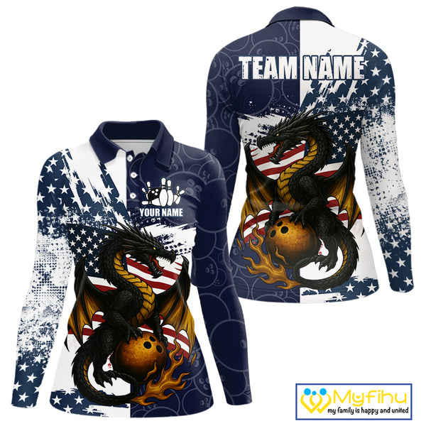 Red, White and Blue American Flag Dragon Bowling Shirt For Women Custom Patriotic Bowling Team Jersey NQS10294