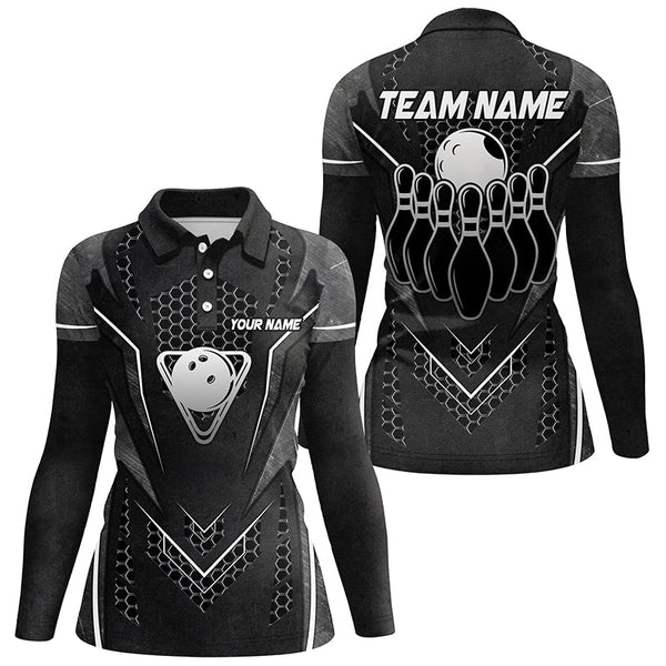 Black Hexagon pattern bowling ball and pins Women bowling shirts custom Team bowling league jerseys NQS8328