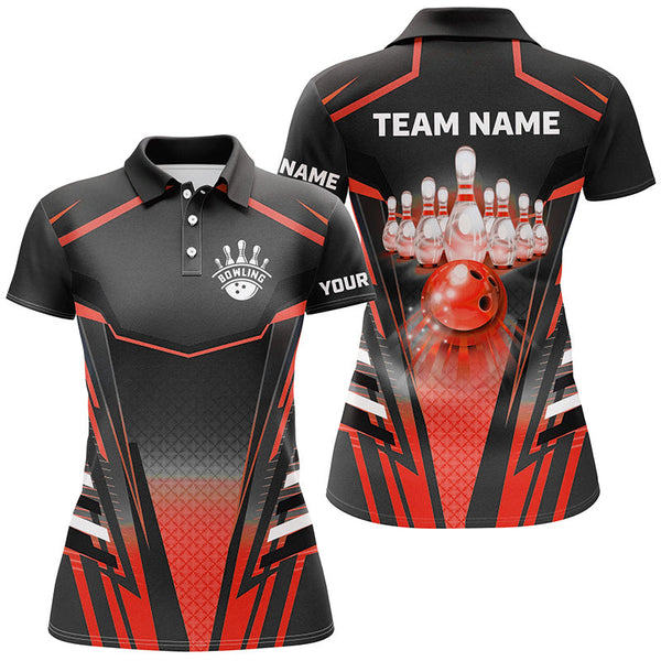 Women bowling Polo, Quarter Zip shirts Custom black & red Bowling ball pin Team Jersey bowling apparel NQS8521
